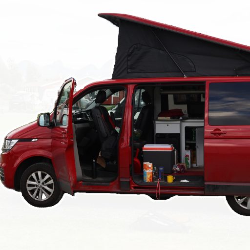 a red camper van with doors open and roof extended